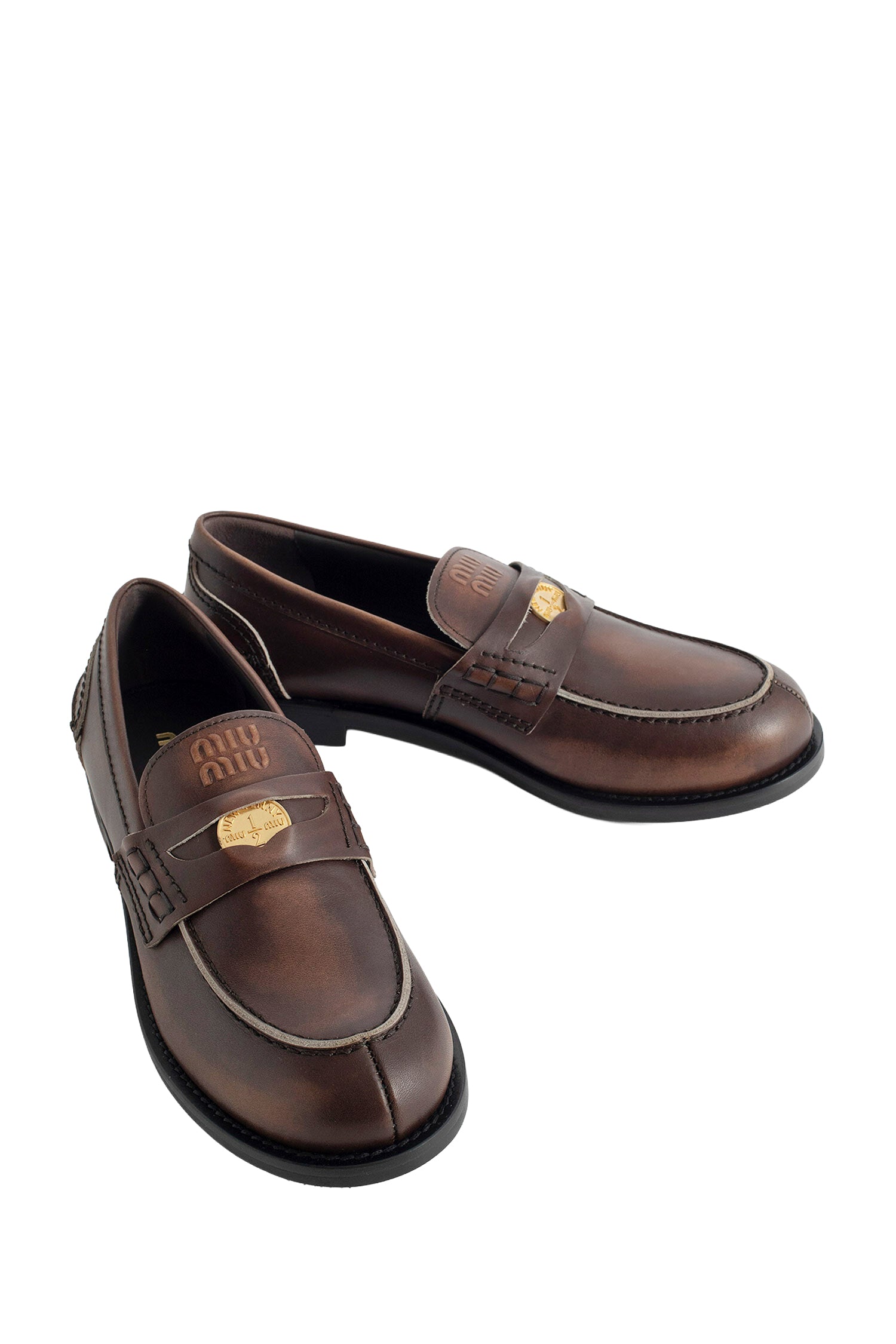MIU MIU Vintage-effect Leather Penny Loafers woman