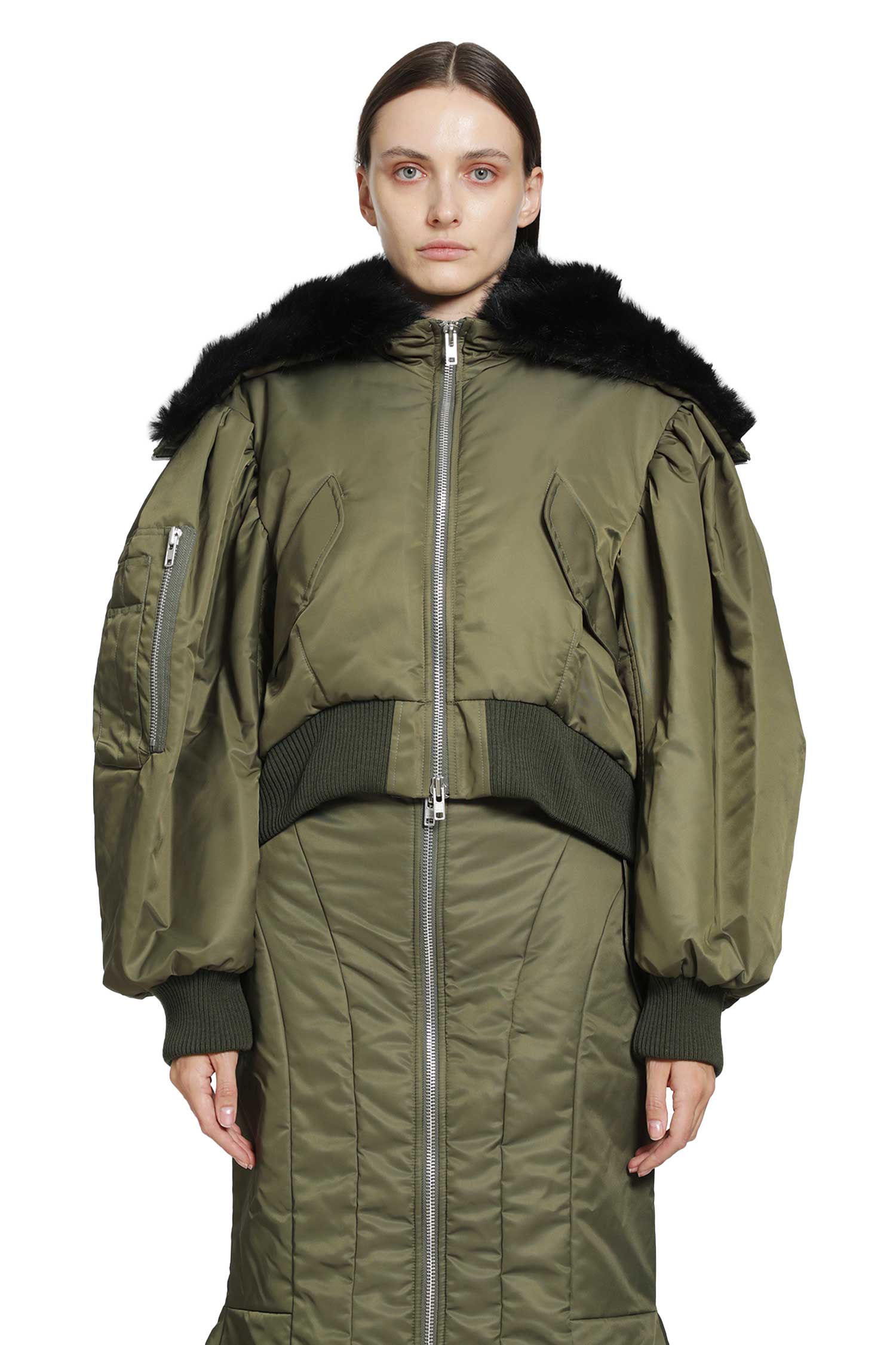SIMONE ROCHA Cropped Split Faux Fur Hood Bomber Jacket woman
