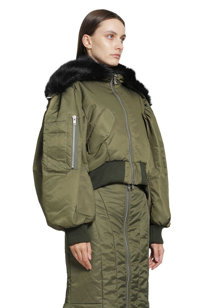 Cropped Split Faux Fur Hood Bomber Jacket