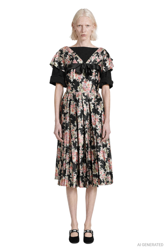Pleated Patchwork Wired Sleeve Flare Dress