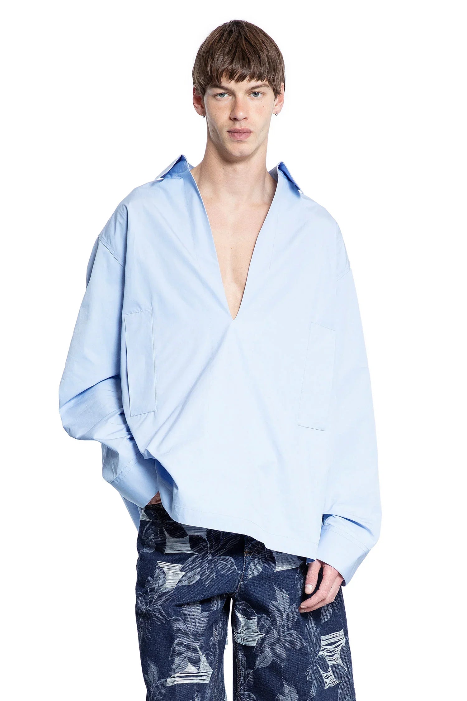 V-Neck Cotton Poplin Shirt - Antonioli.eu