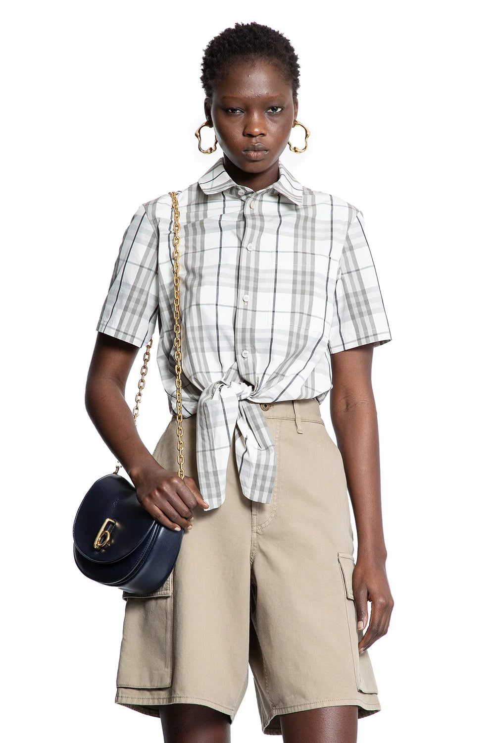 BURBERRY Cropped Check Cotton Short Sleeve Shirt woman