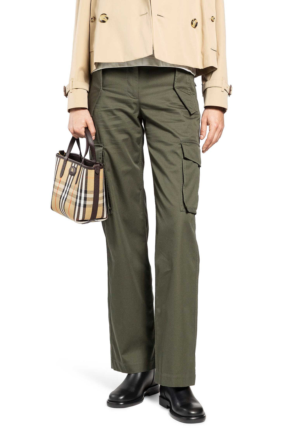 BURBERRY Check Trim Gabardine Cargo Trousers woman