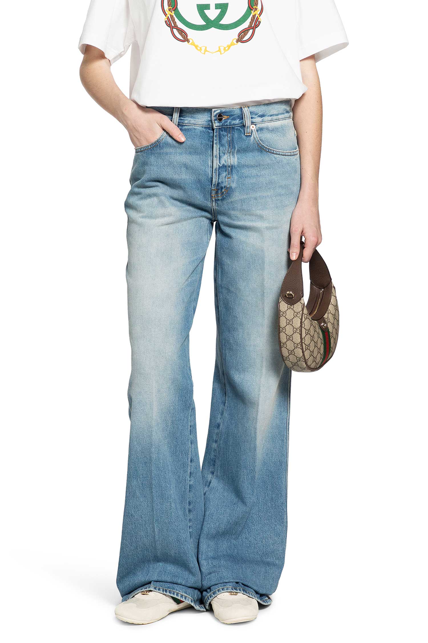 Flared bleached cotton denim trousers