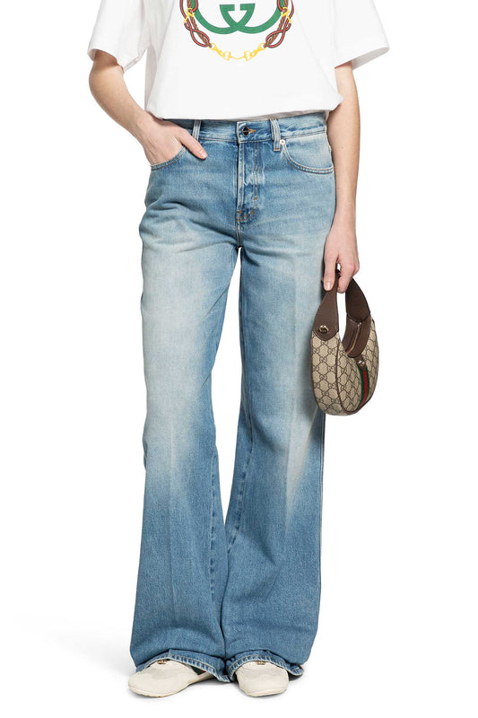 Flared bleached cotton denim trousers