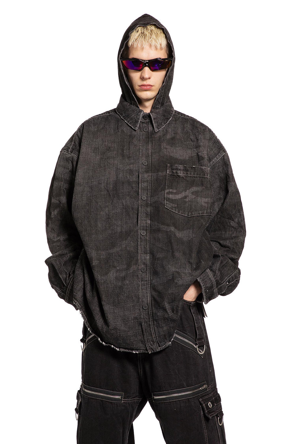 BALENCIAGA Washed Camo Denim Hooded Shirt man
