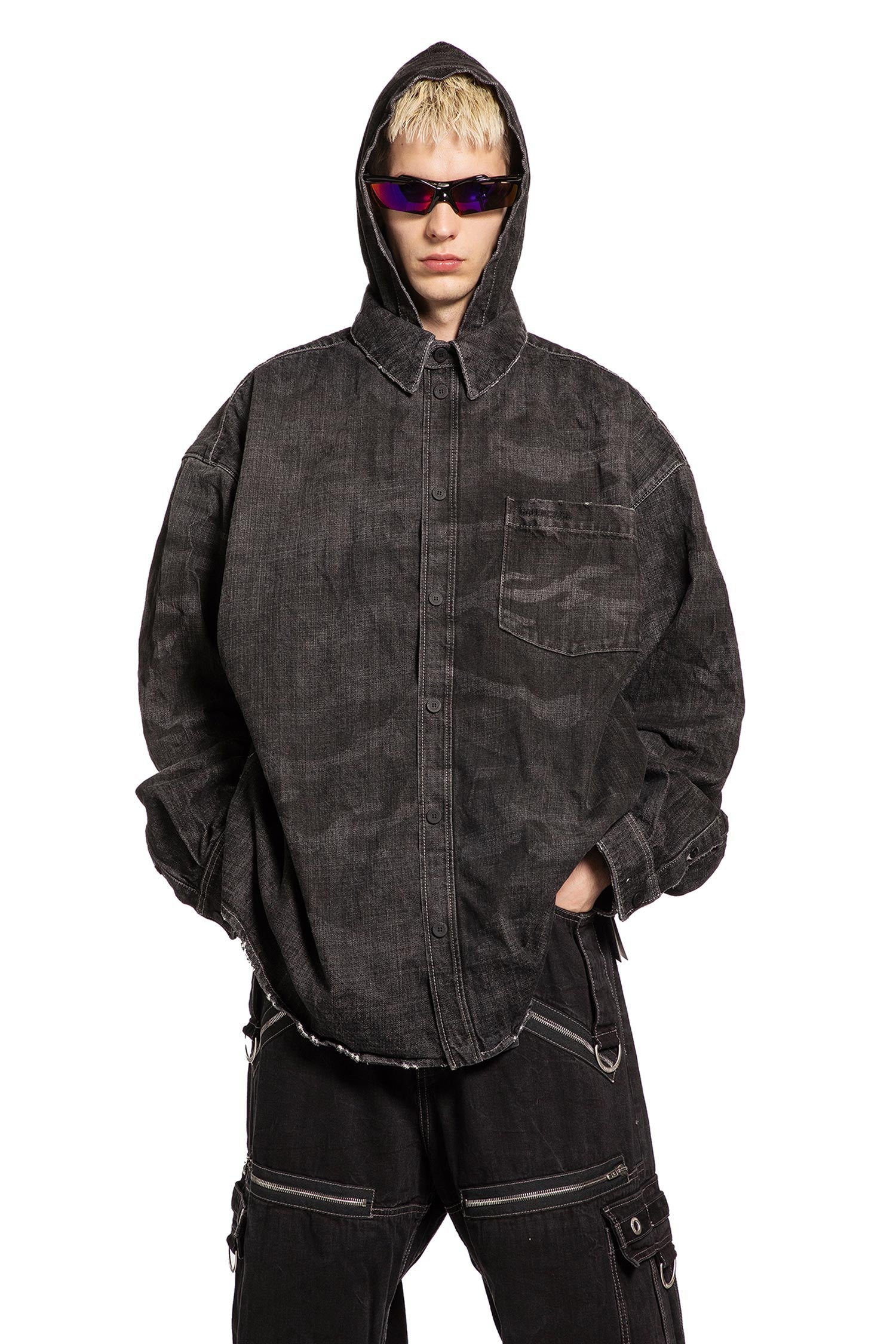 Washed Camo Denim Hooded Shirt