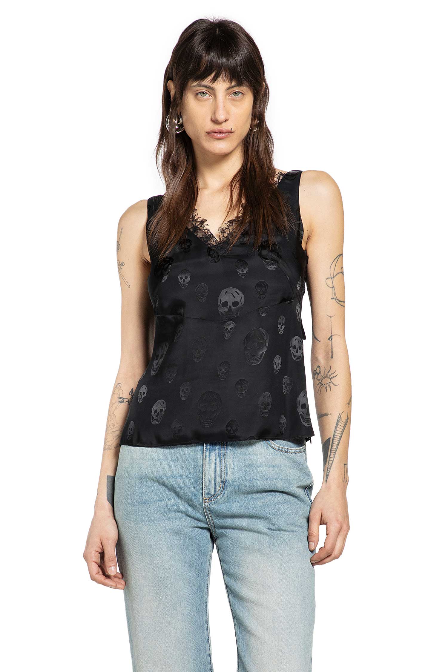 Skull Print Lace Trim Top