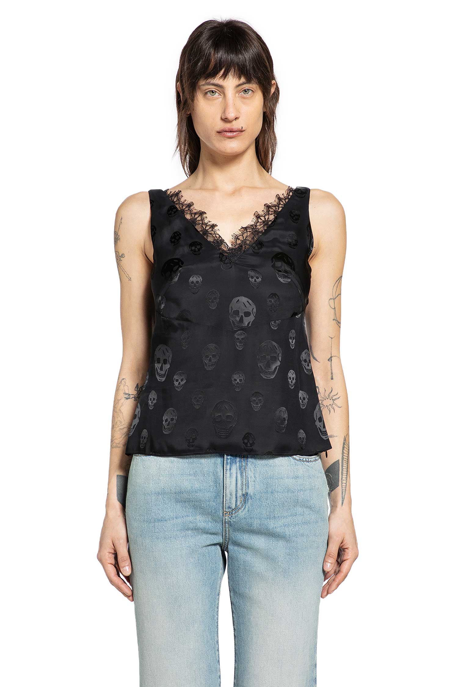 Skull Print Lace Trim Top