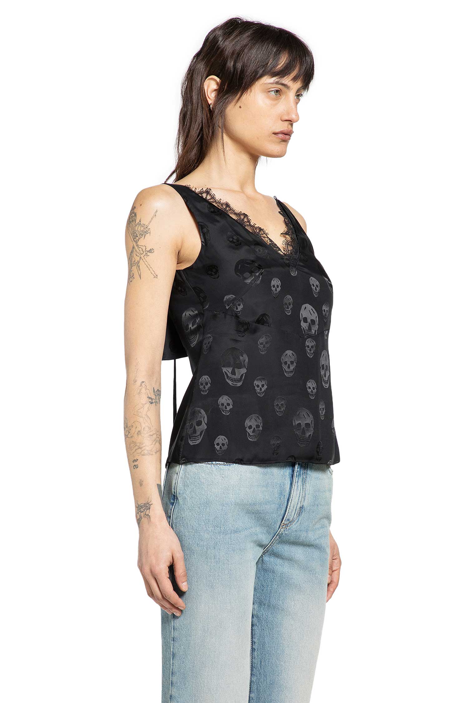 Skull Print Lace Trim Top