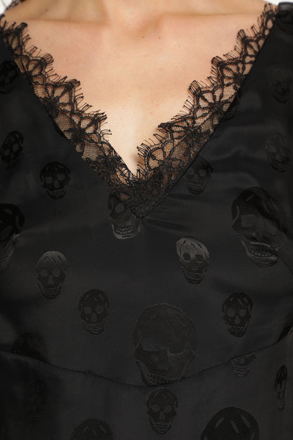 Skull Print Lace Trim Top