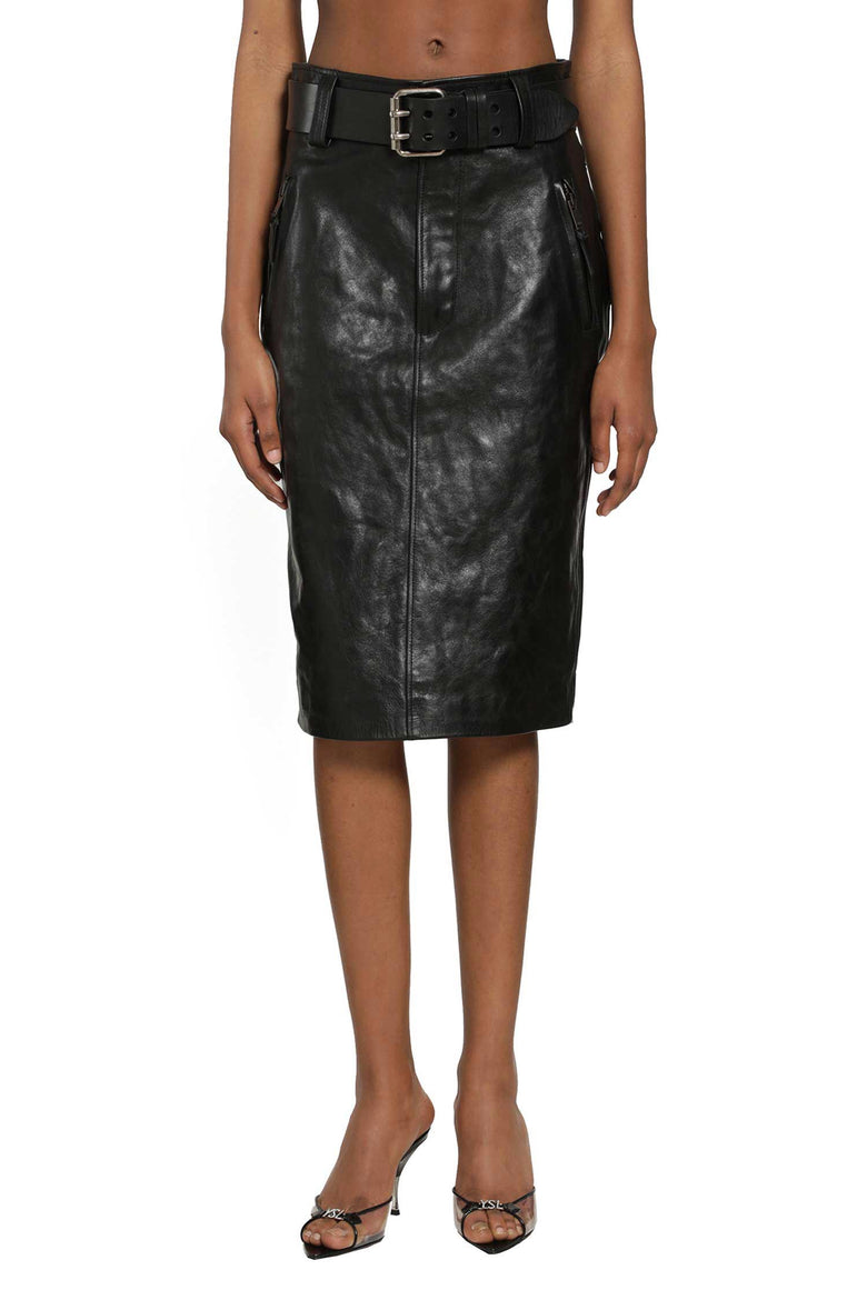 
              SAINT LAURENT Belted Pencil Skirt in Creased Leather woman
            
