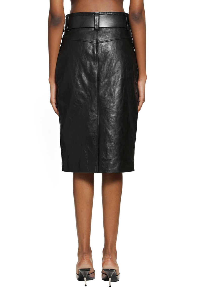 SAINT LAURENT Belted Pencil Skirt in Creased Leather woman