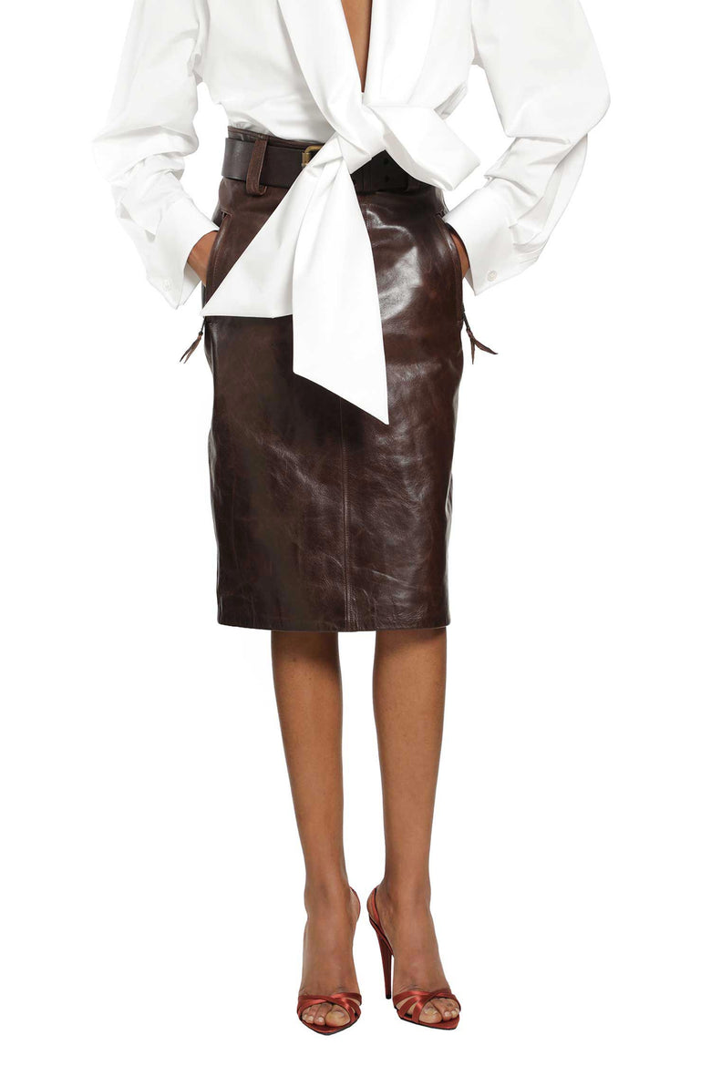 SAINT LAURENT Belted Pencil Skirt in Creased Leather woman