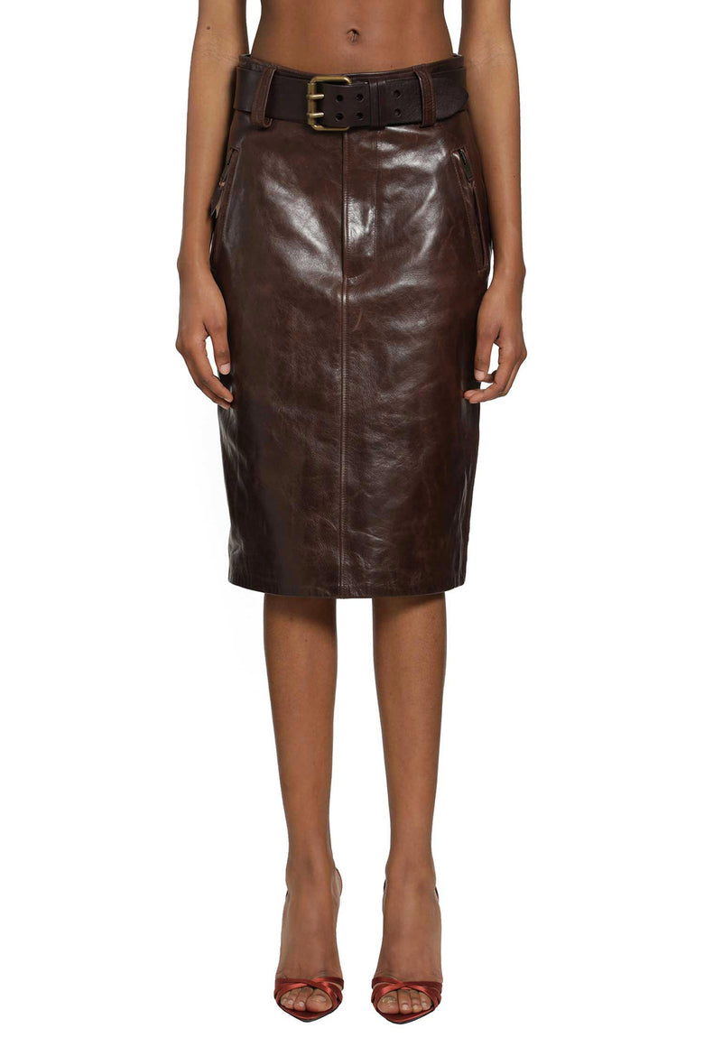 
              SAINT LAURENT Belted Pencil Skirt in Creased Leather woman
            