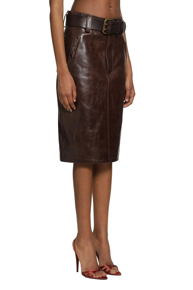 SAINT LAURENT Belted Pencil Skirt in Creased Leather woman