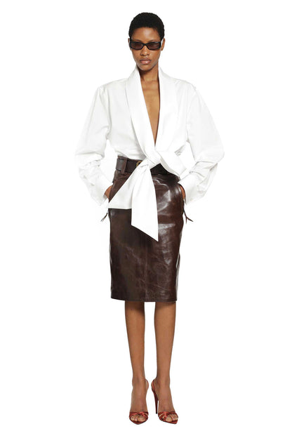 Belted Pencil Skirt in Creased Leather