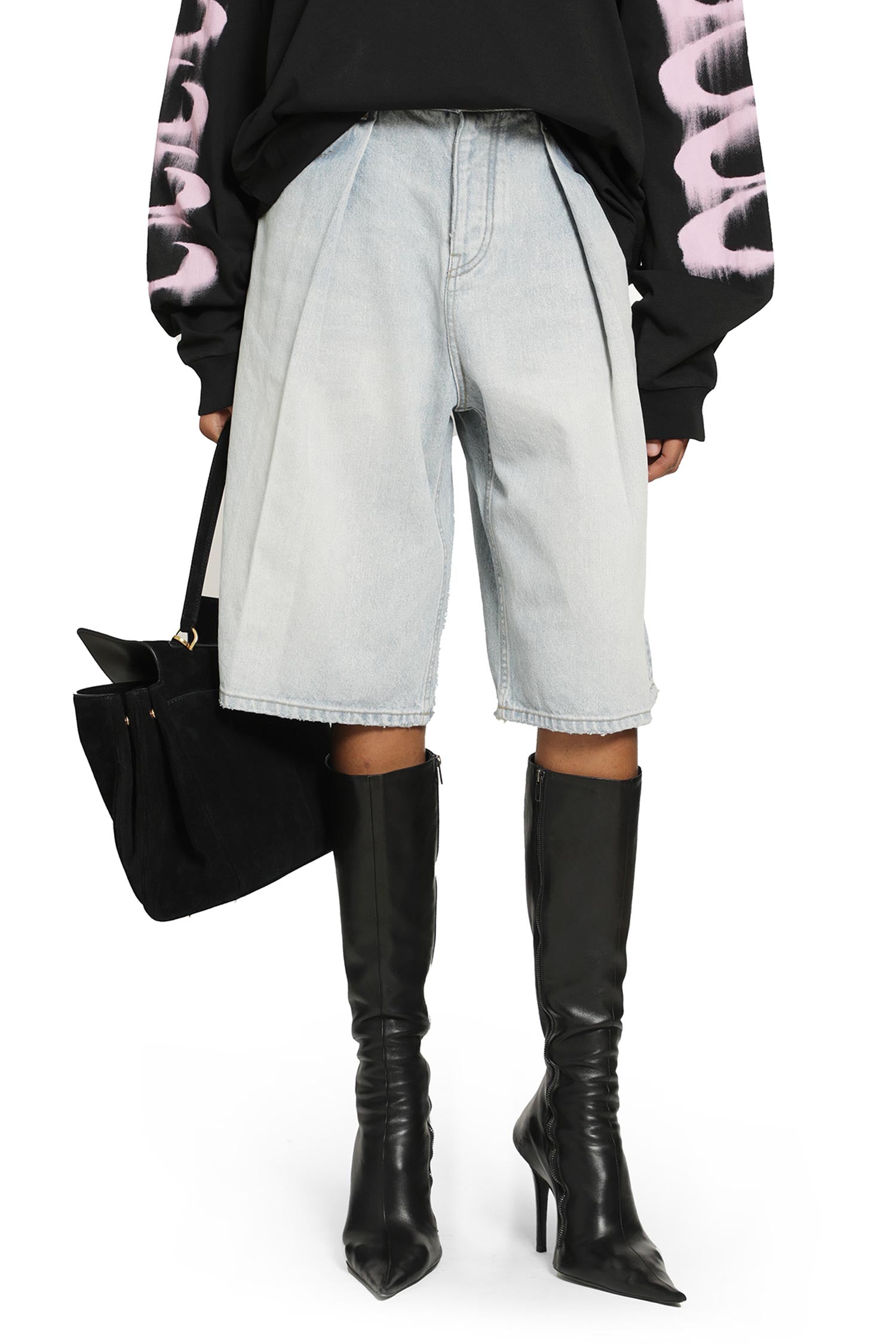 Pleated Denim Shorts