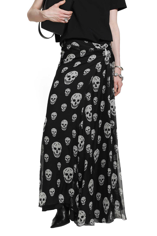 Skull Print Draped Maxi Skirt
