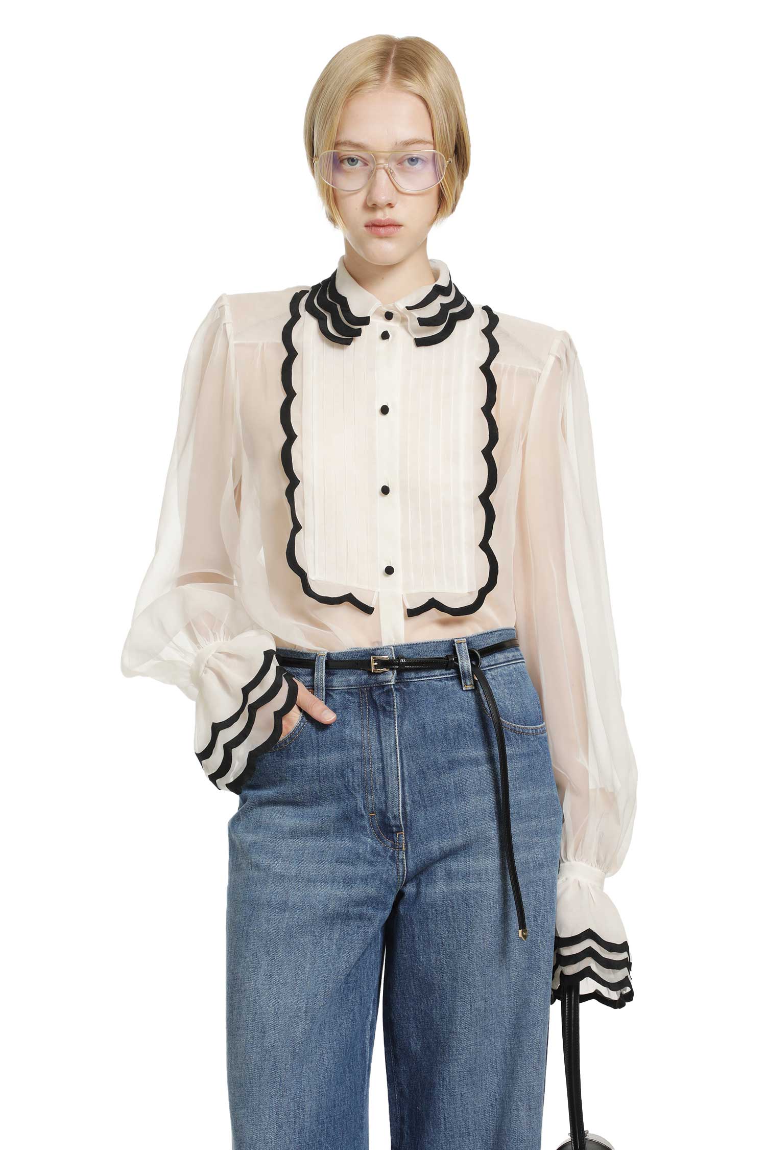 Organza Shirt with Embroidered Bib