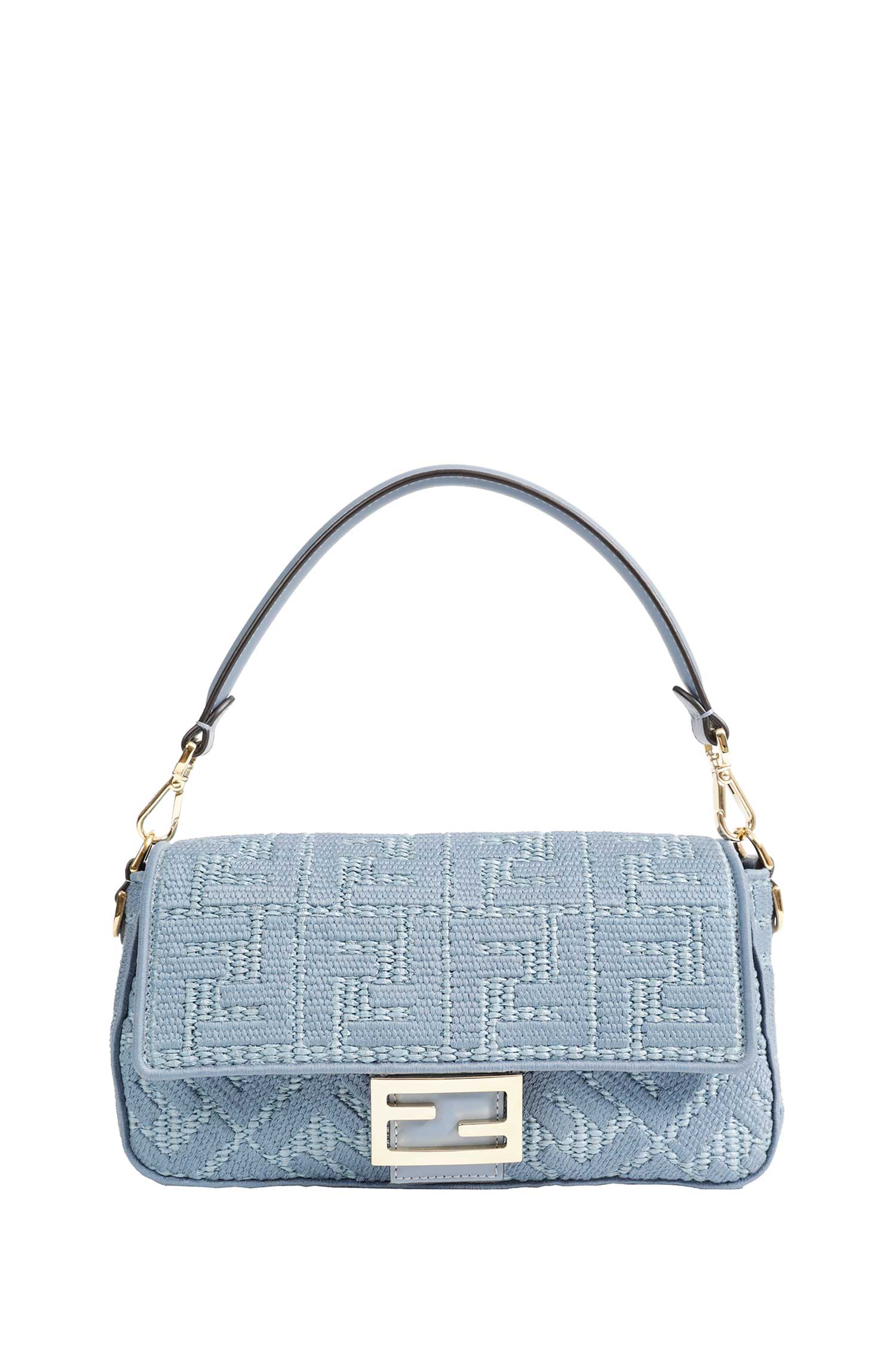 Raffia-Effect Woven Bag with FF Embroidery
