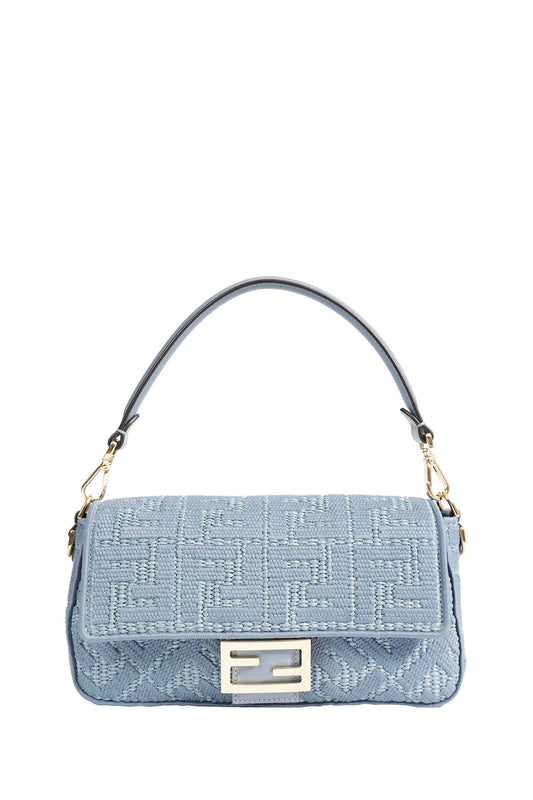 Raffia-Effect Woven Bag with FF Embroidery