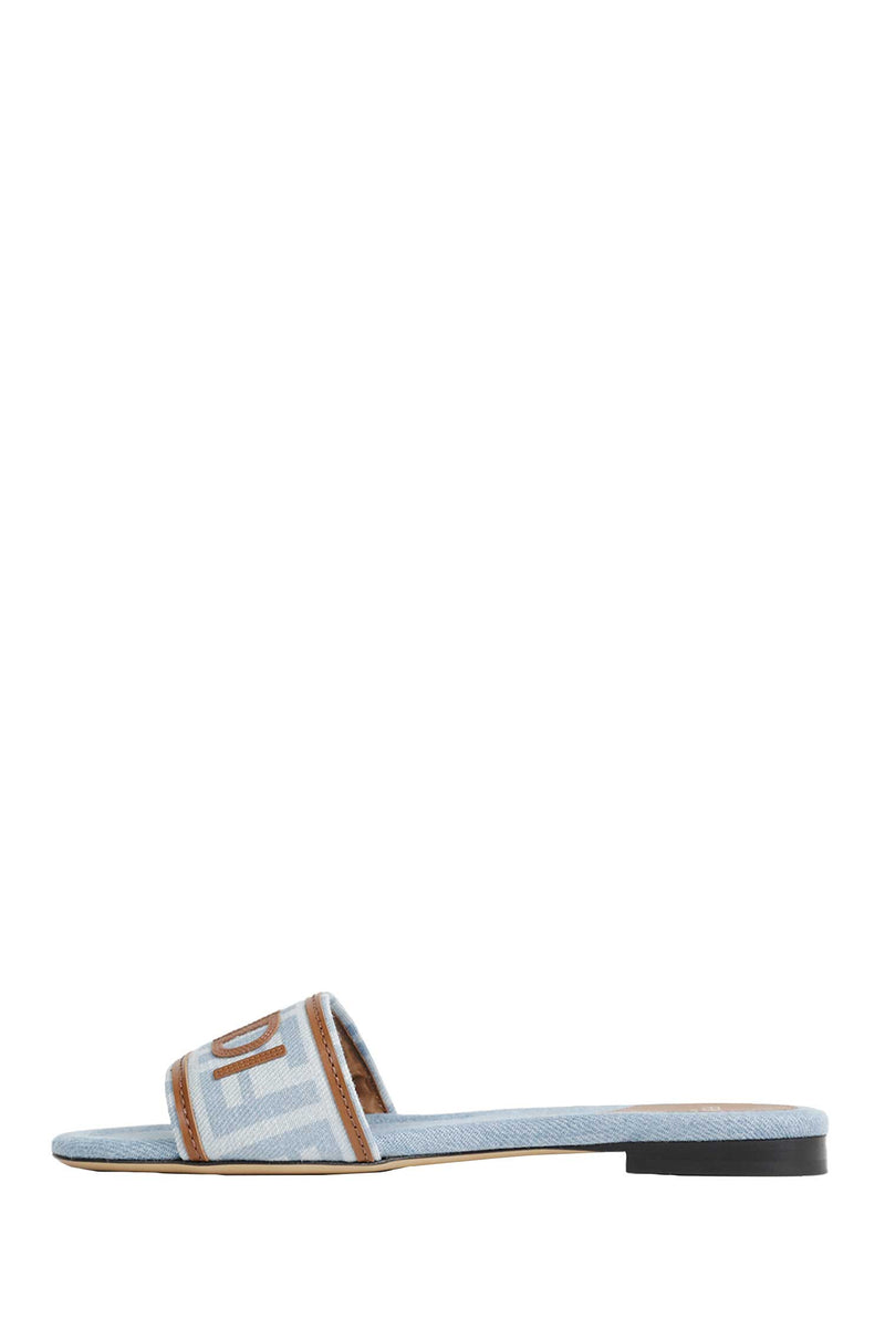 FENDI FF Nylon Denim and Leather Sllides woman