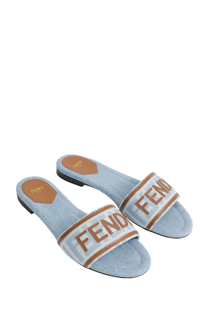 FENDI FF Nylon Denim and Leather Sllides woman