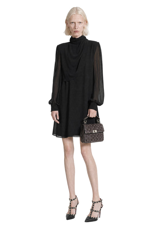 Draped High Neck Silk Mini Dress