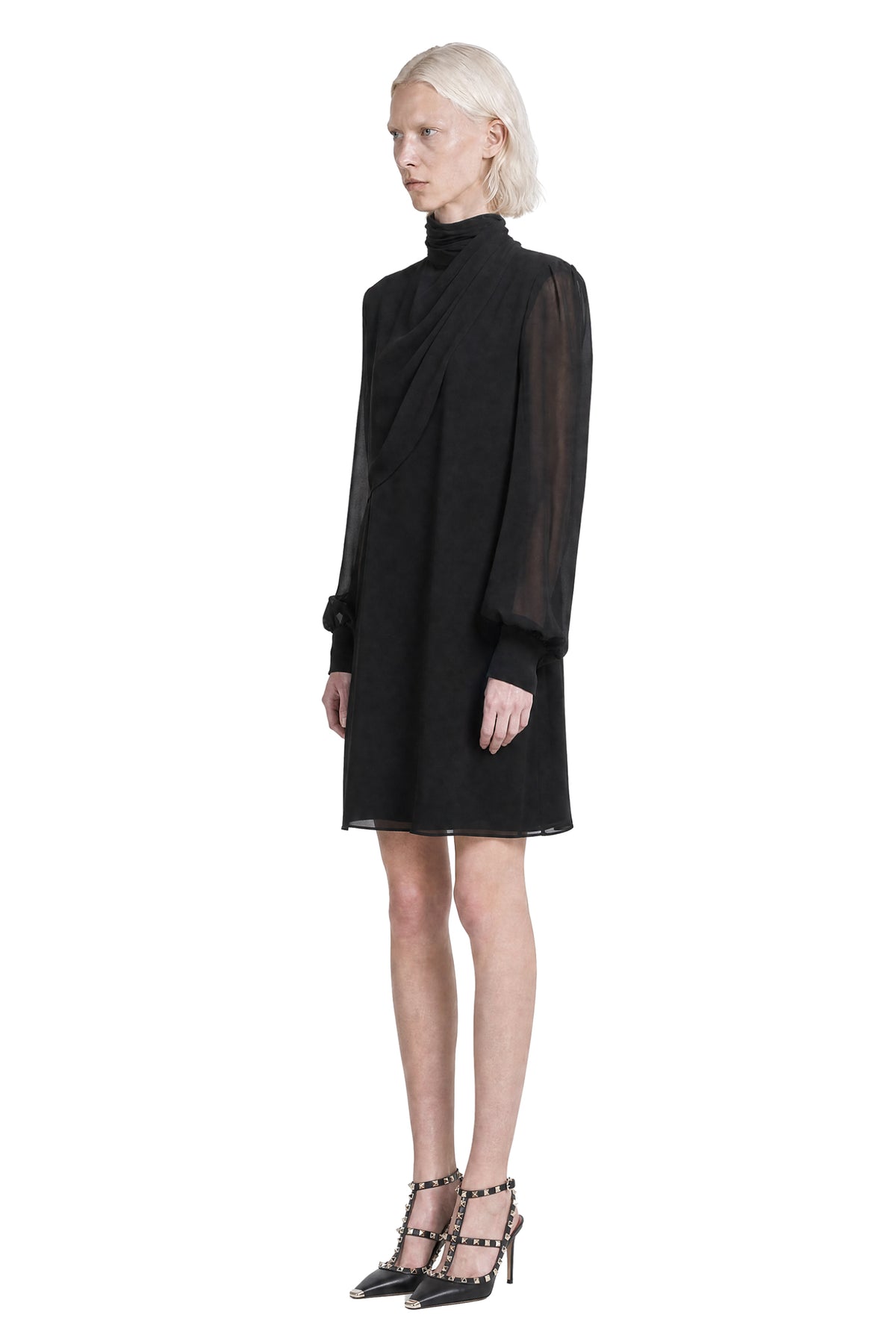 Draped High Neck Silk Mini Dress