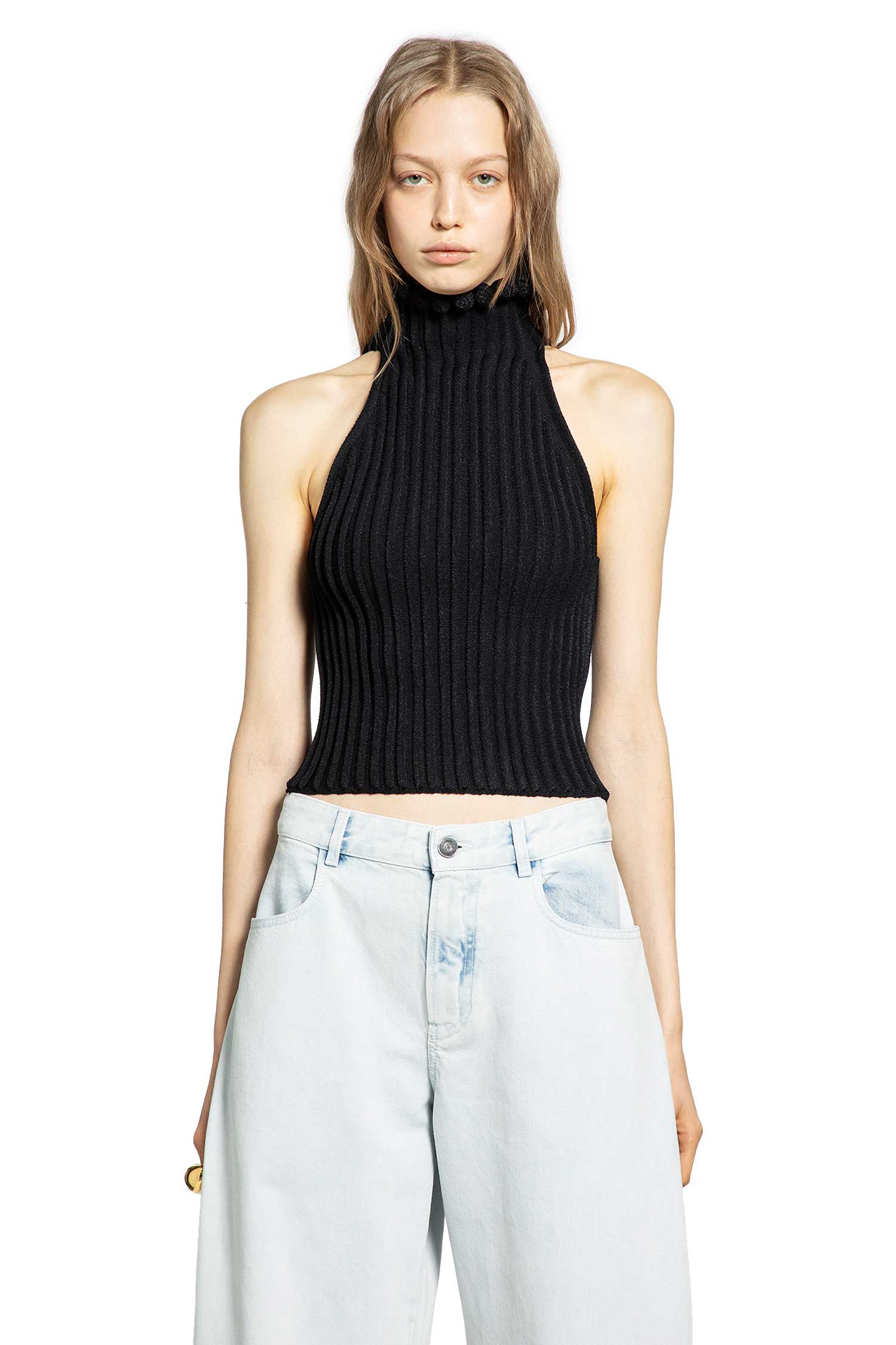 Ribbed-Knit Halter Top with Wavy Finish