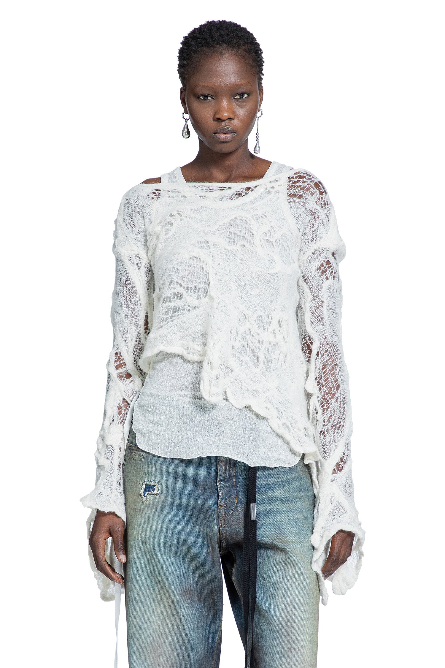 Cilia Off-Shoulder Sweater in Ripped Sheer Knit