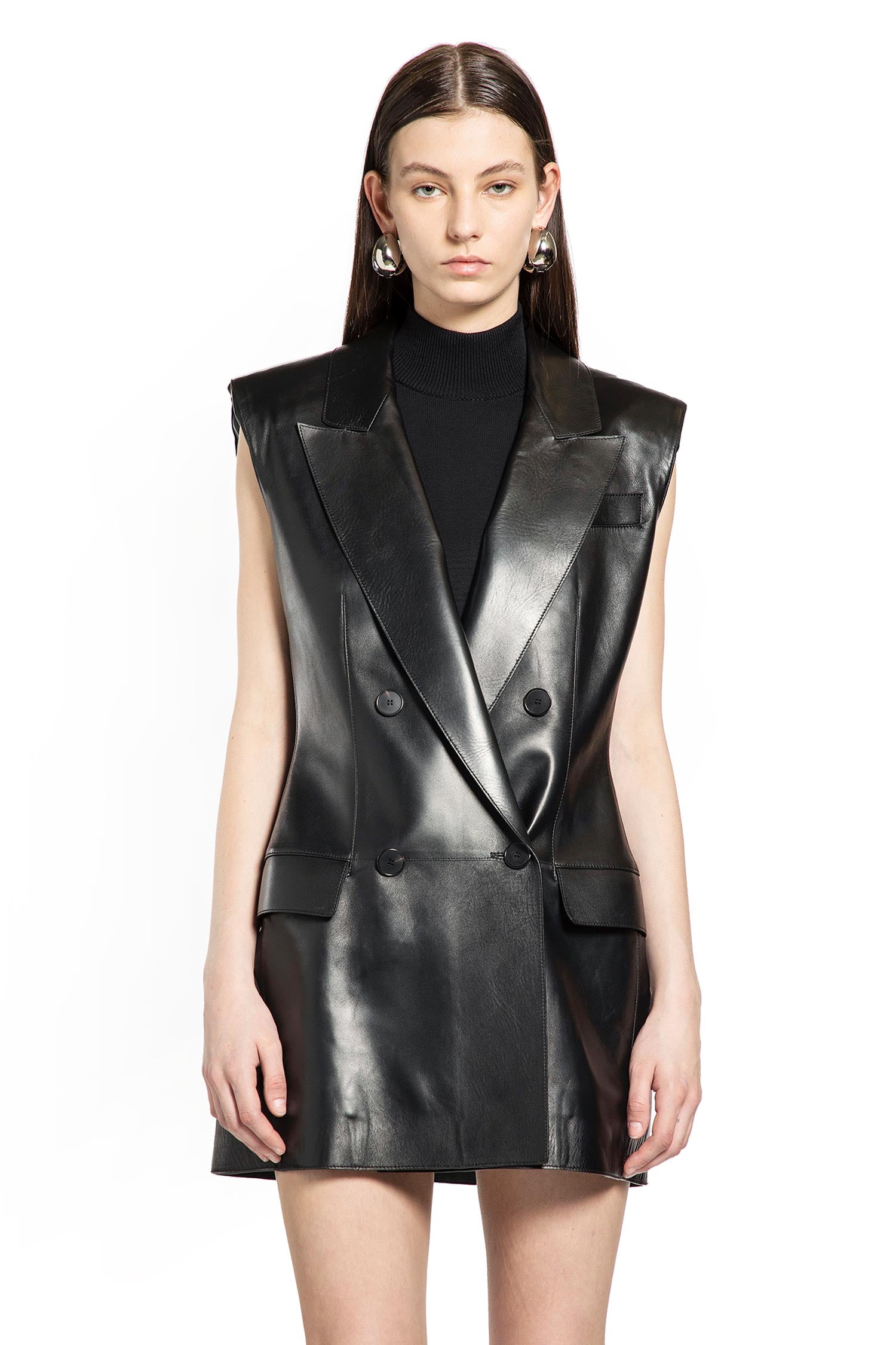 Double-Breasted Sleeveless Leather Blazer