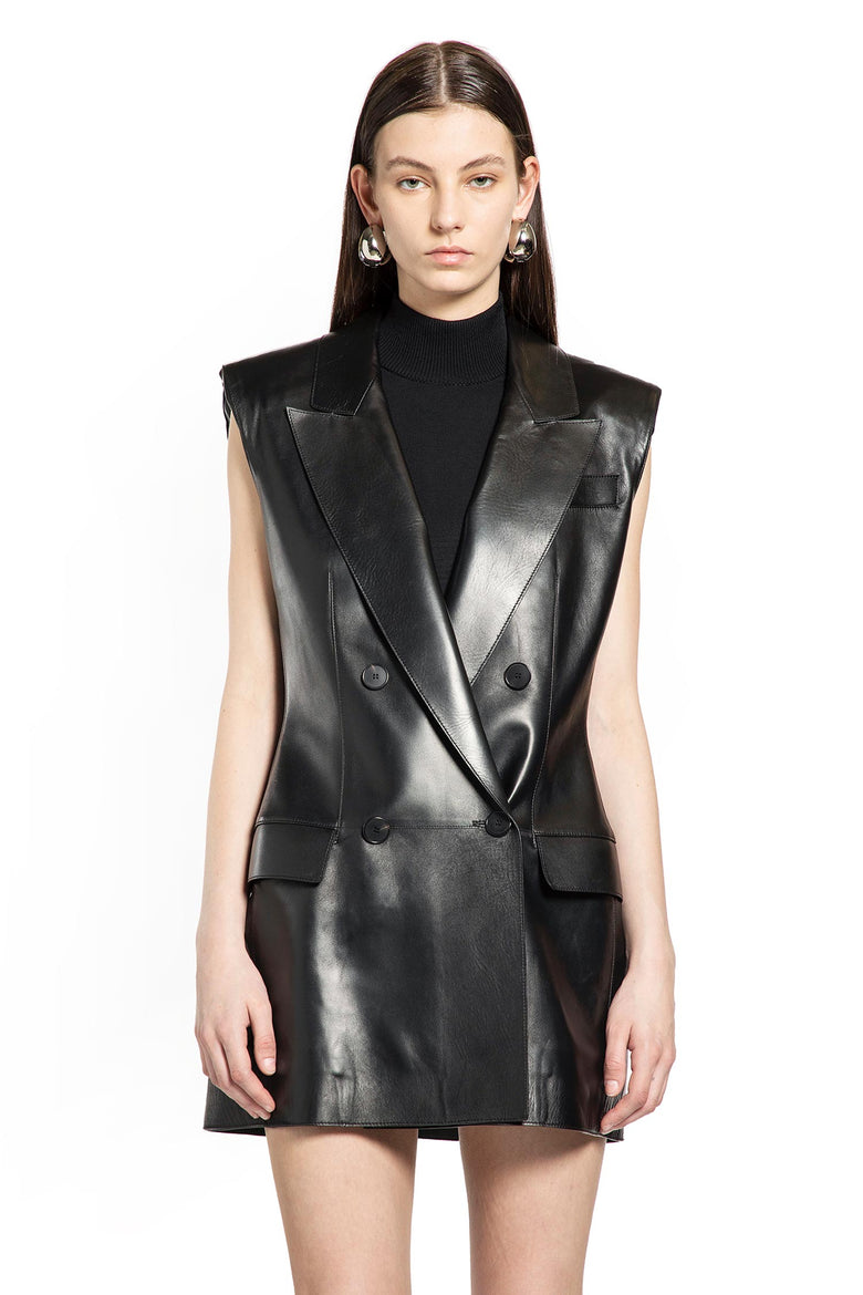 Double-Breasted Sleeveless Leather Blazer