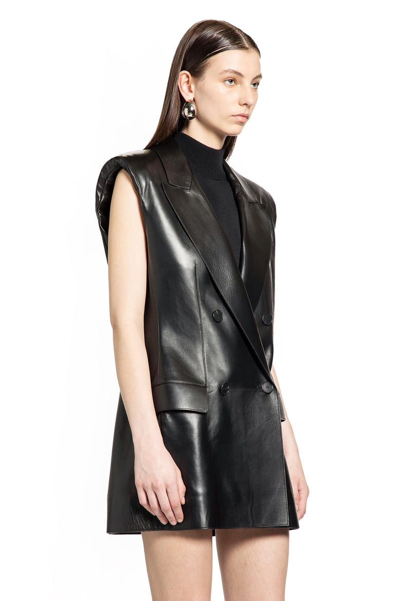 Double-Breasted Sleeveless Leather Blazer