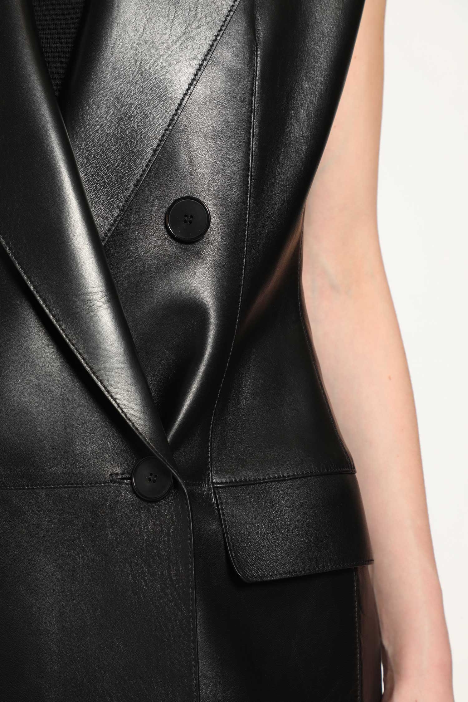 Double-Breasted Sleeveless Leather Blazer