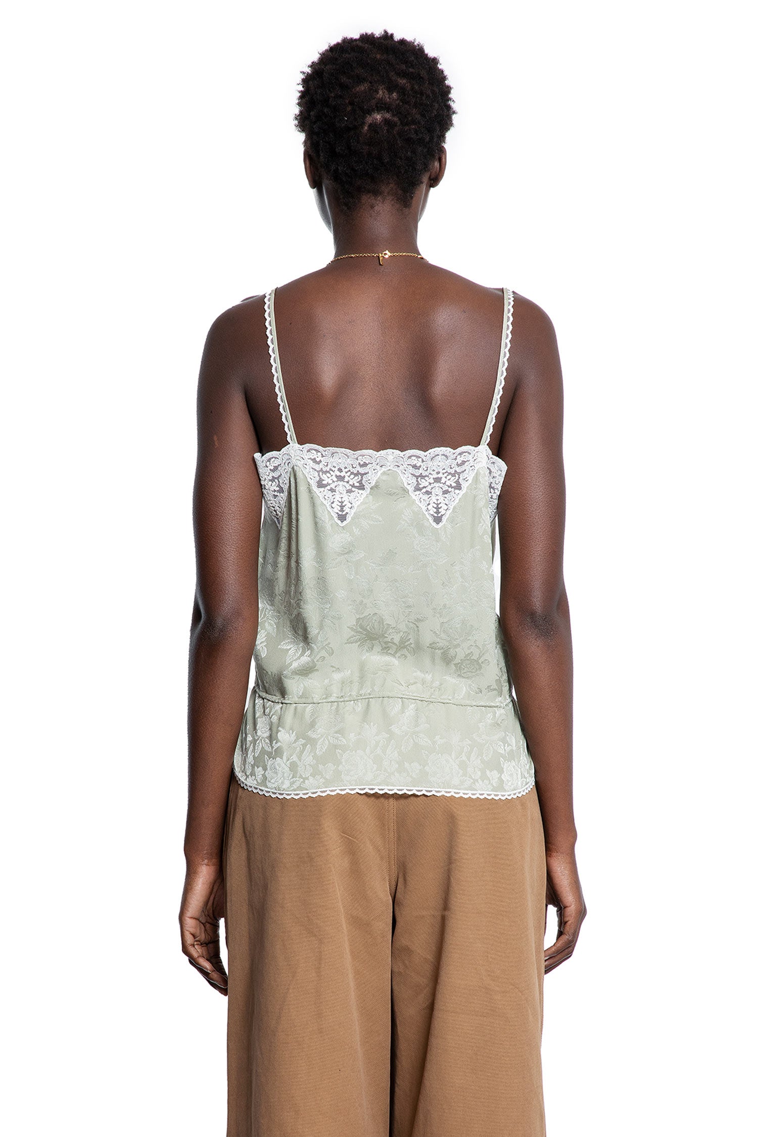 Drawstring Camisole Top in Silk Jacquard and Lace