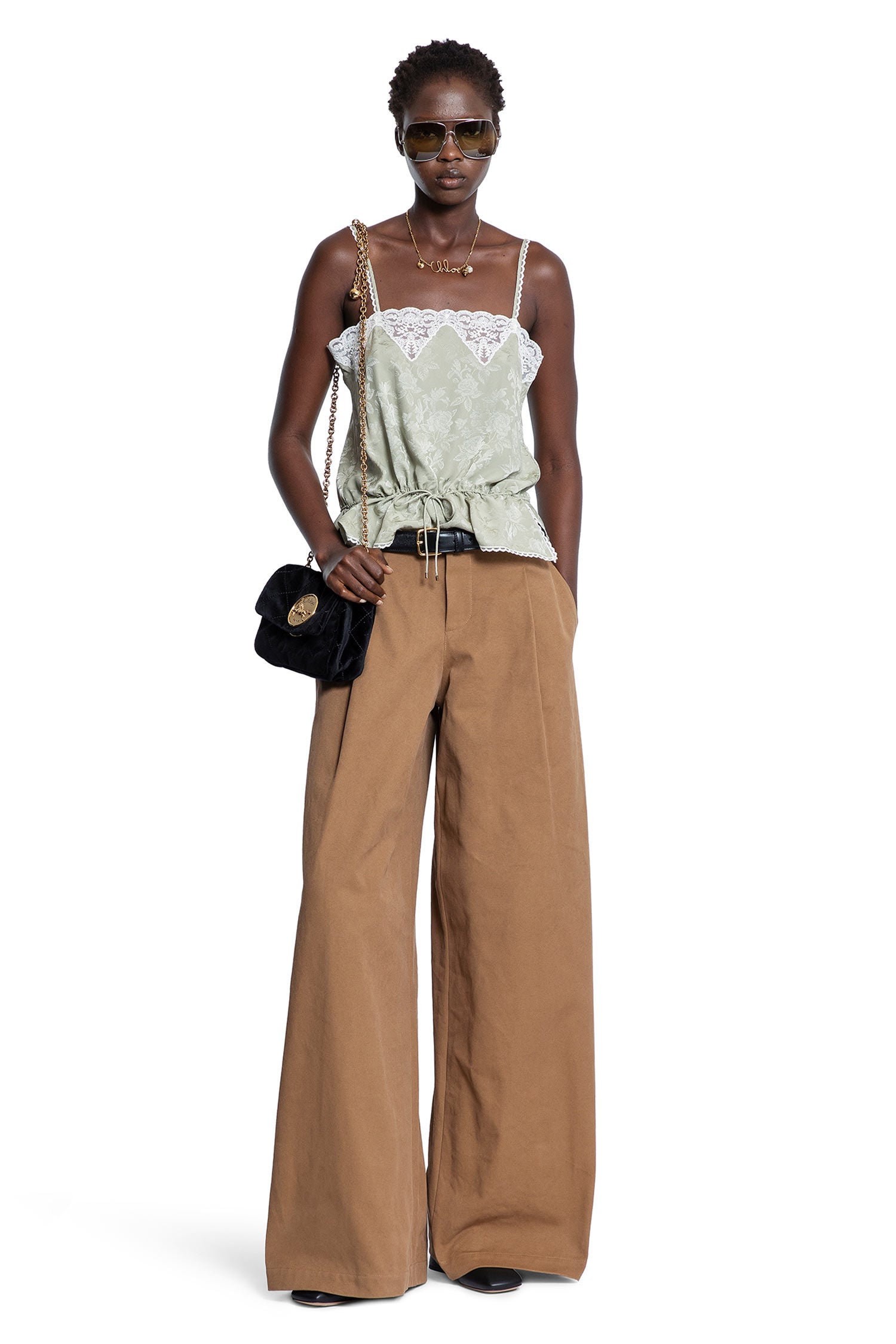 Drawstring Camisole Top in Silk Jacquard and Lace