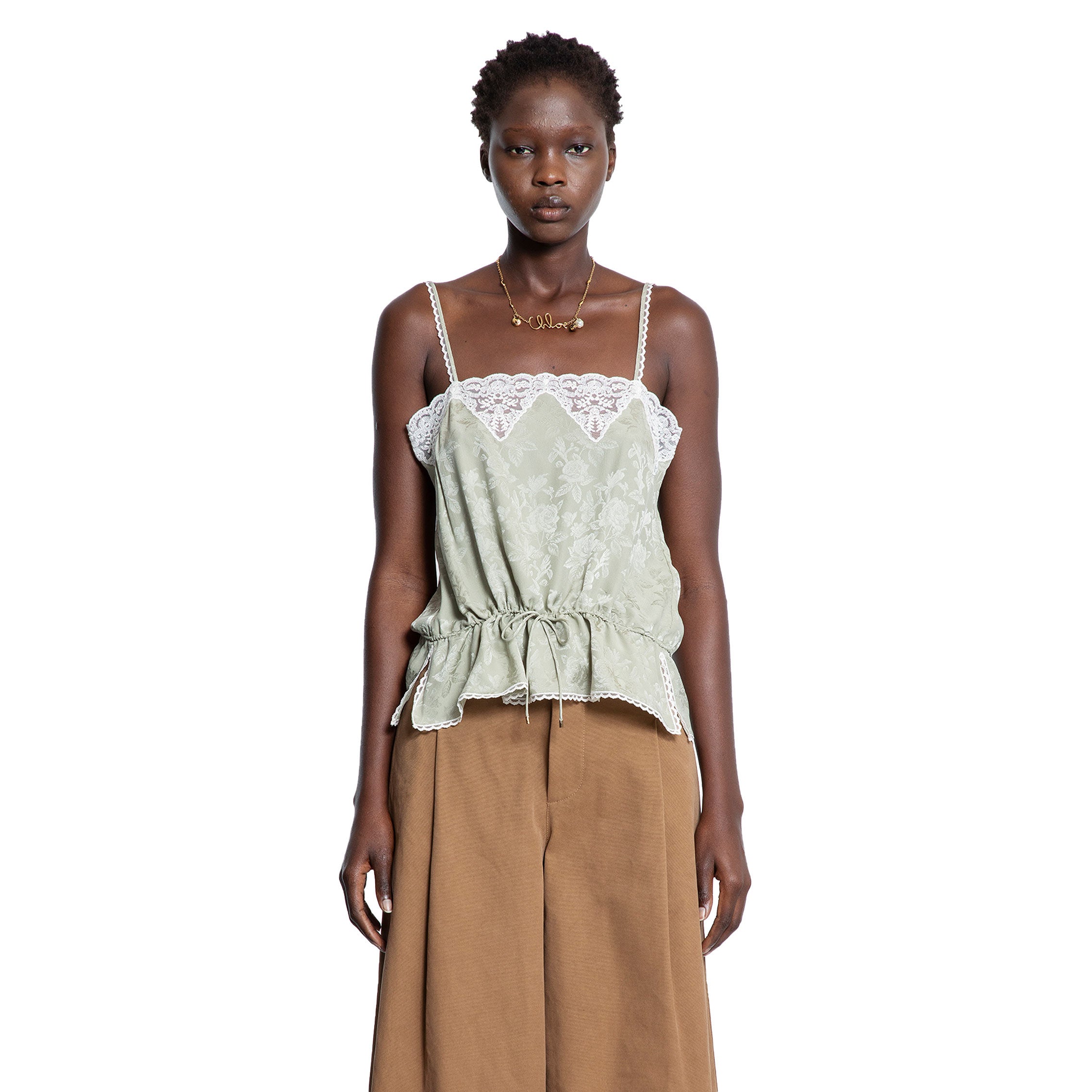 Drawstring Camisole Top in Silk Jacquard and Lace