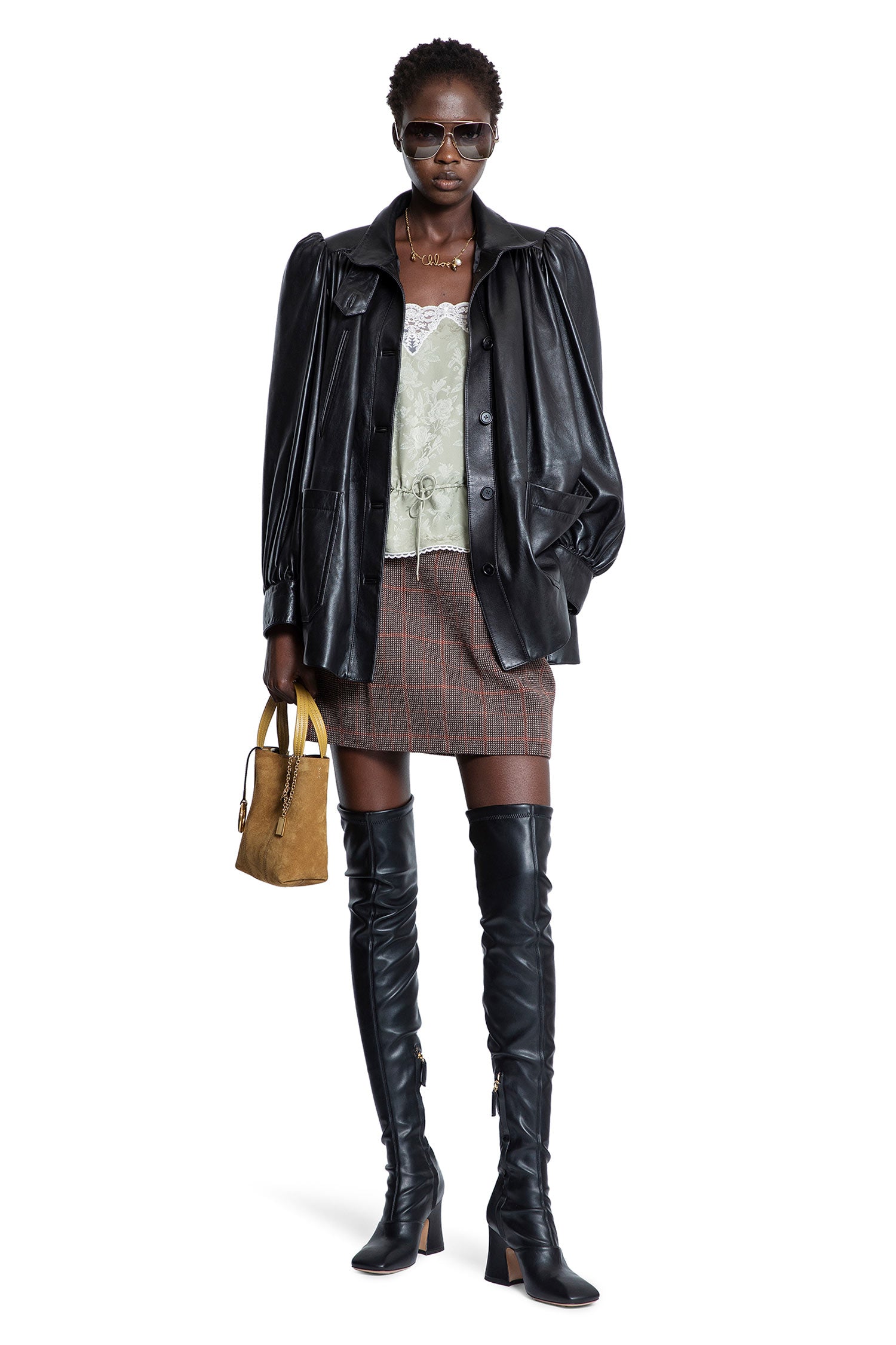 Pleated Mini Skirt in Check Wool