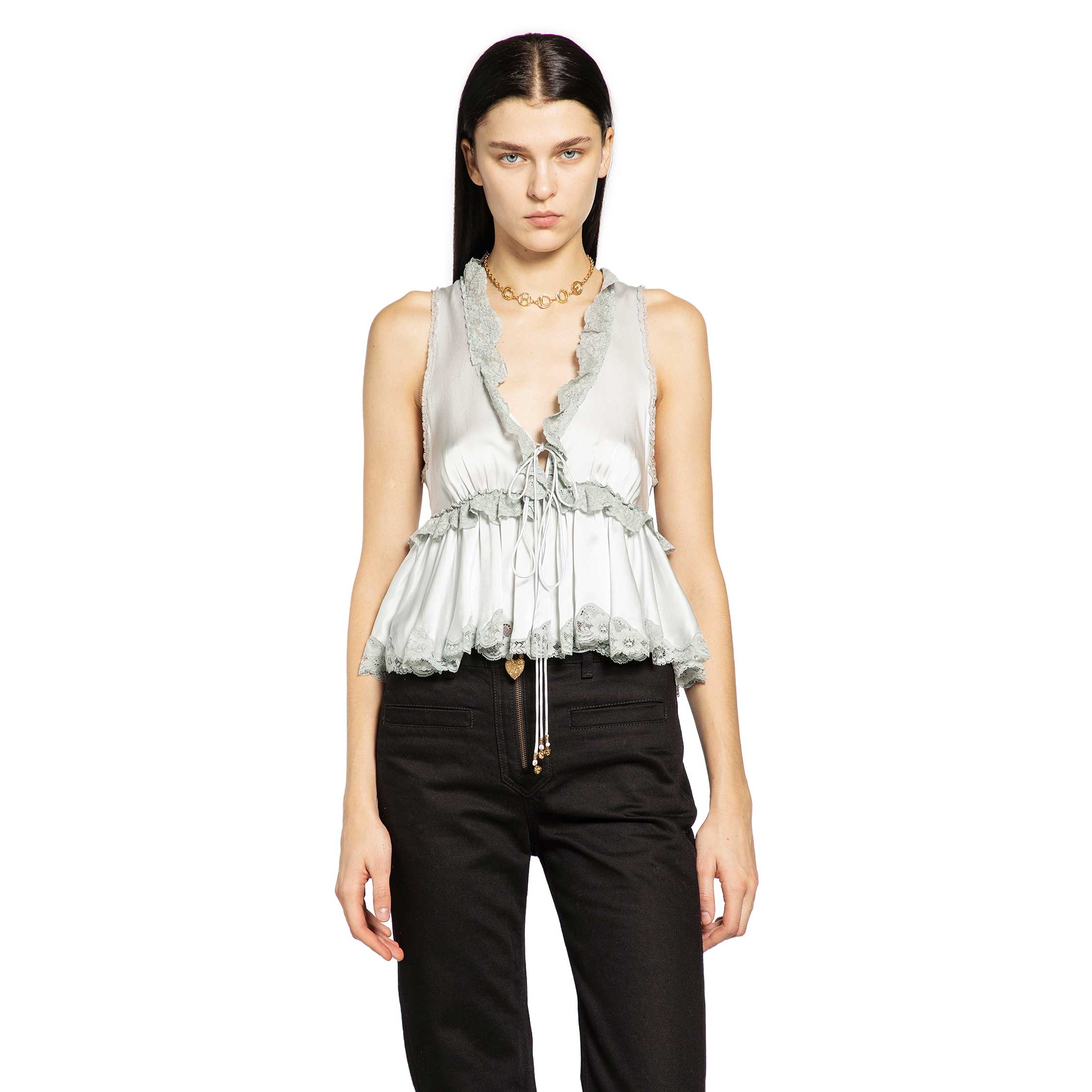 Washed Silk Satin and Lace Sleeveless Top