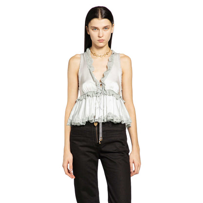 Washed Silk Satin and Lace Sleeveless Top