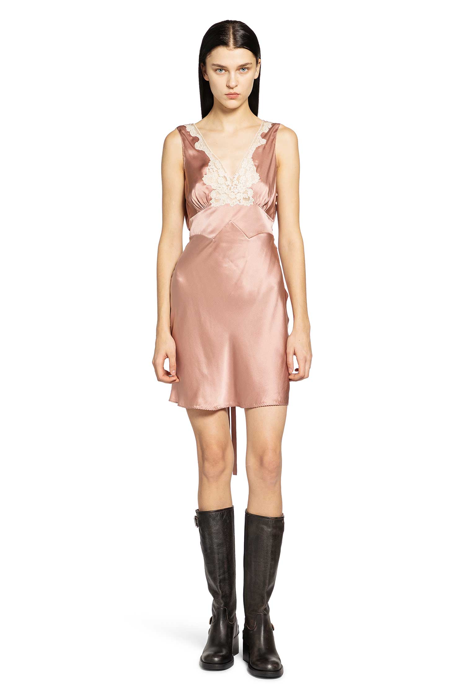 Sleeveless Mini Dress in Washed Silk Satin and Lace