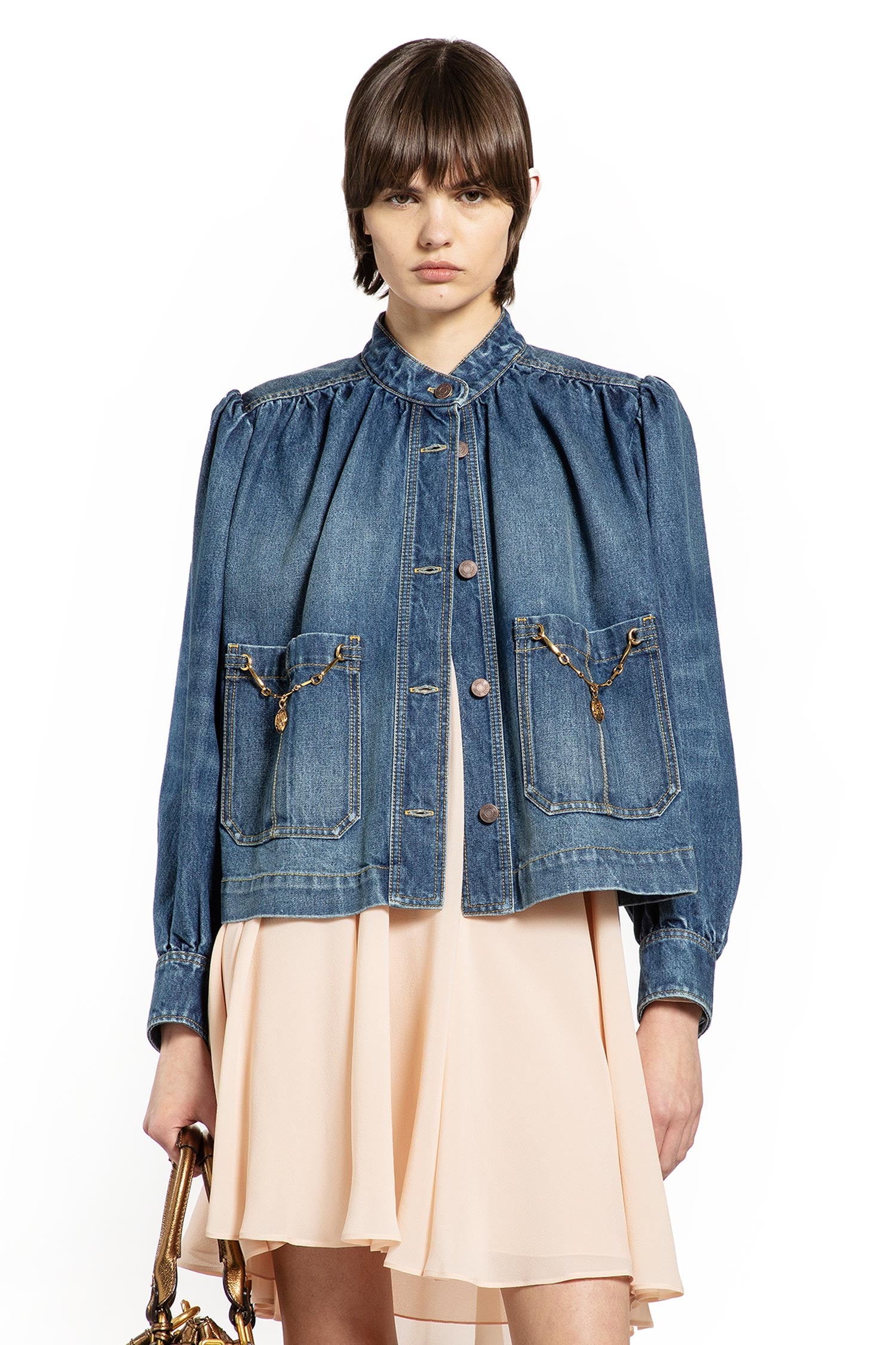 High Neck Gathered Denim Jacket