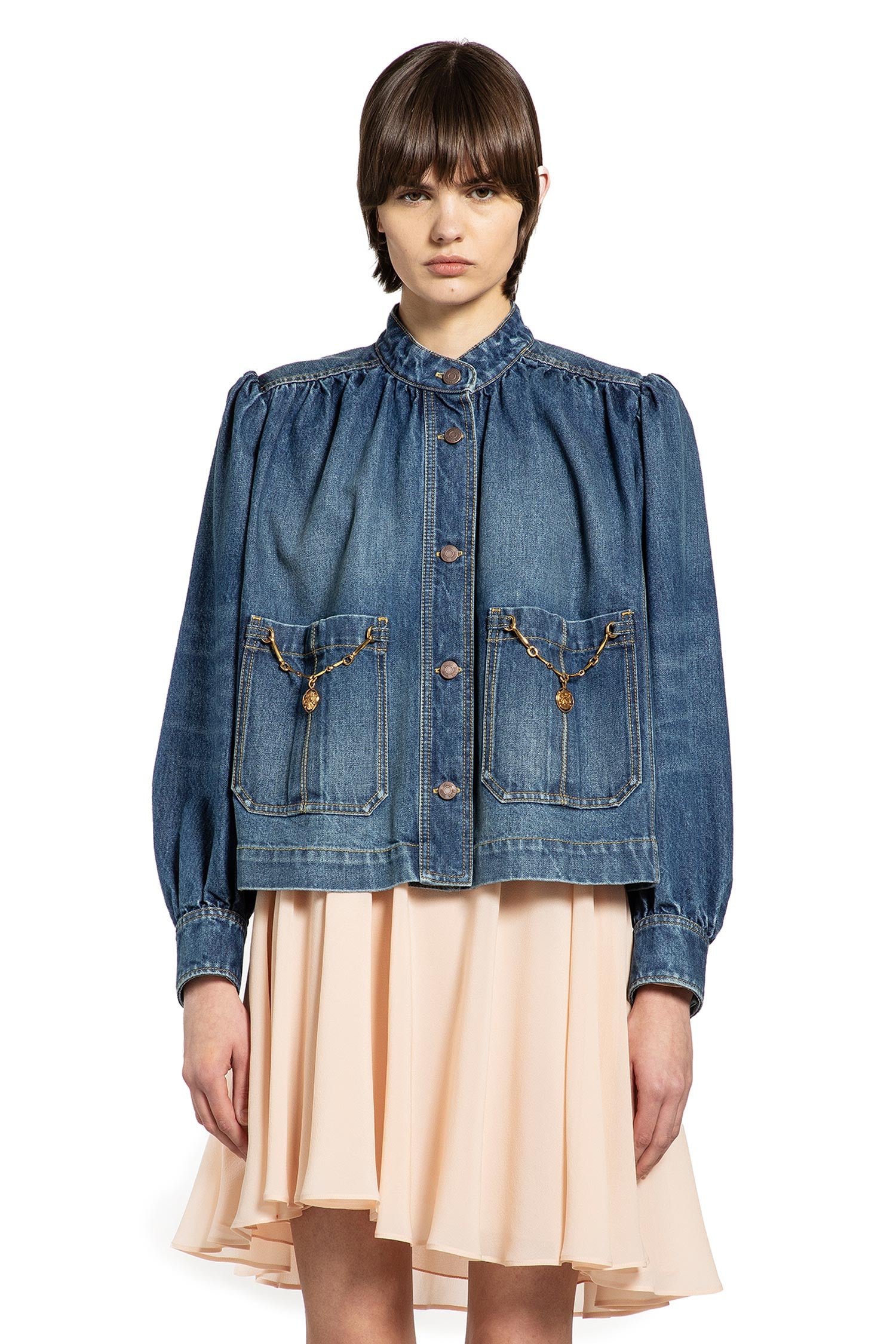 High Neck Gathered Denim Jacket