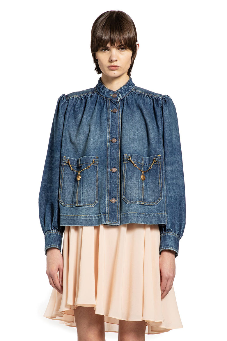 High Neck Gathered Denim Jacket