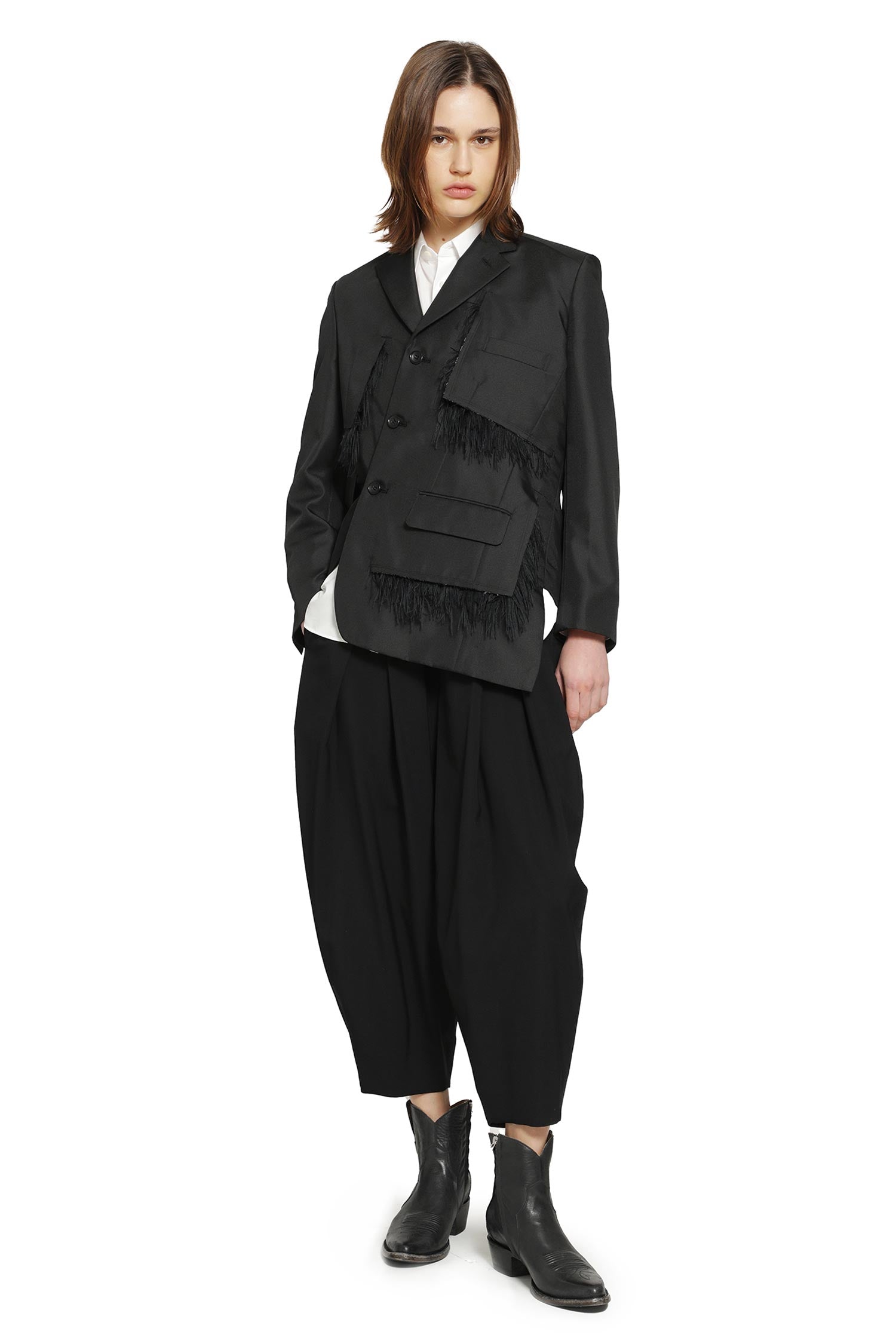 Single-Breasted Blazer with Frayed Trim