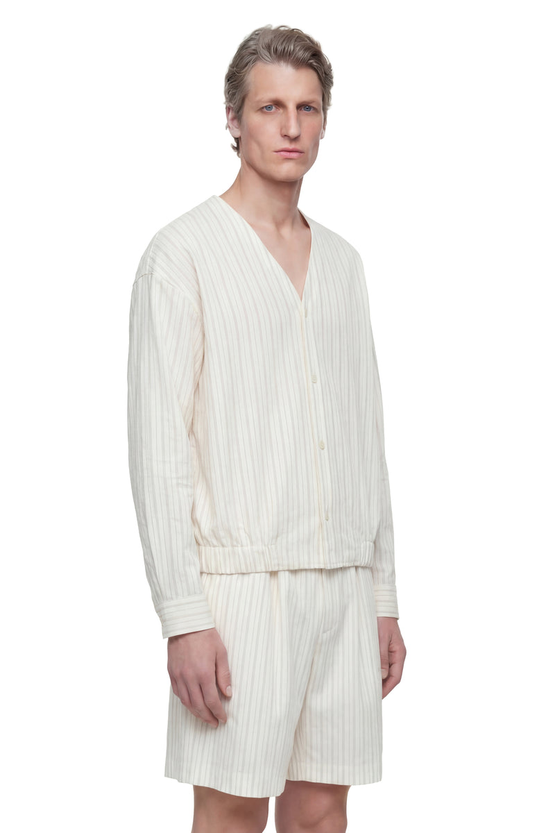Pinstriped V-Neck Shirt in Linen Cotton Poplin