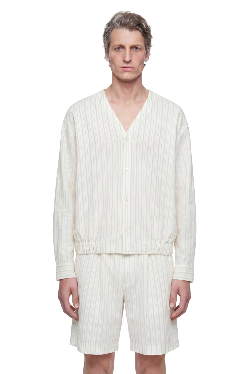 HED MAYNER Pinstriped V-Neck Shirt in Linen Cotton Poplin man
