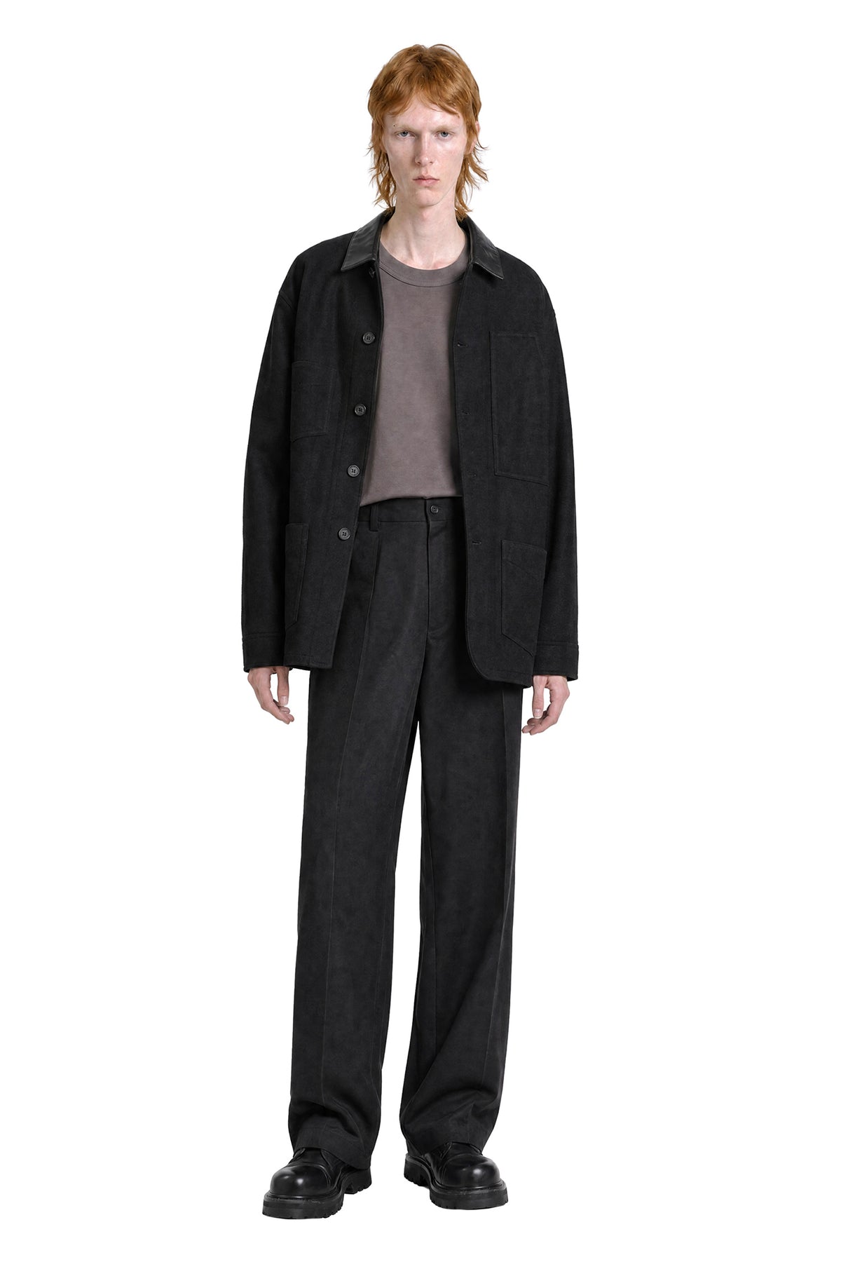 Leather Collar Wool Chore Jacket